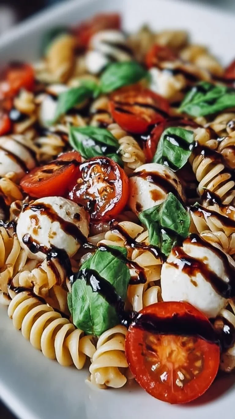 Caprese Pasta Salad with fresh mozzarella, tomatoes, basil, and balsamic drizzle.