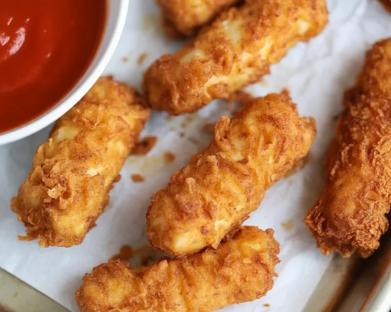 Crispy Air Fryer Mozzarella Sticks served with marinara sauce