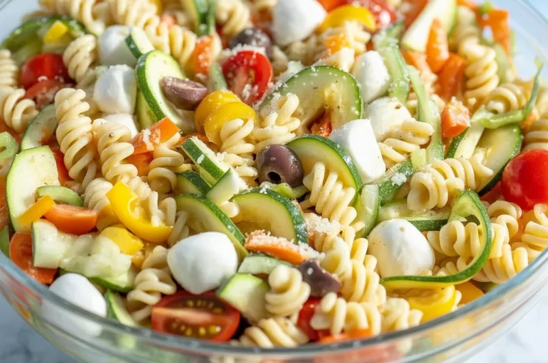 Colorful pasta salad with fresh vegetables and Italian dressing in a bowl