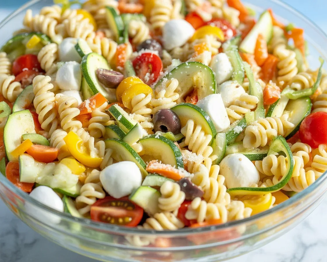 Colorful pasta salad with fresh vegetables and Italian dressing in a bowl