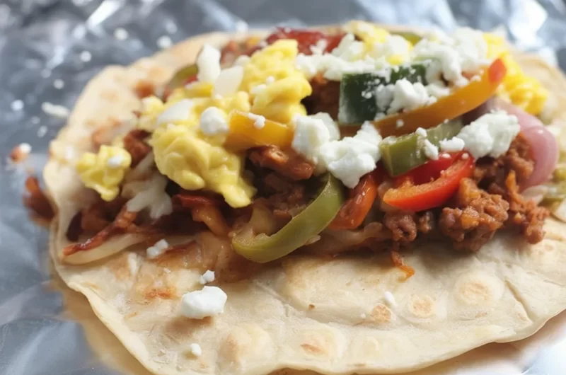 Back-to-School Breakfast Burritos with scrambled eggs, cheese, and turkey sausage.