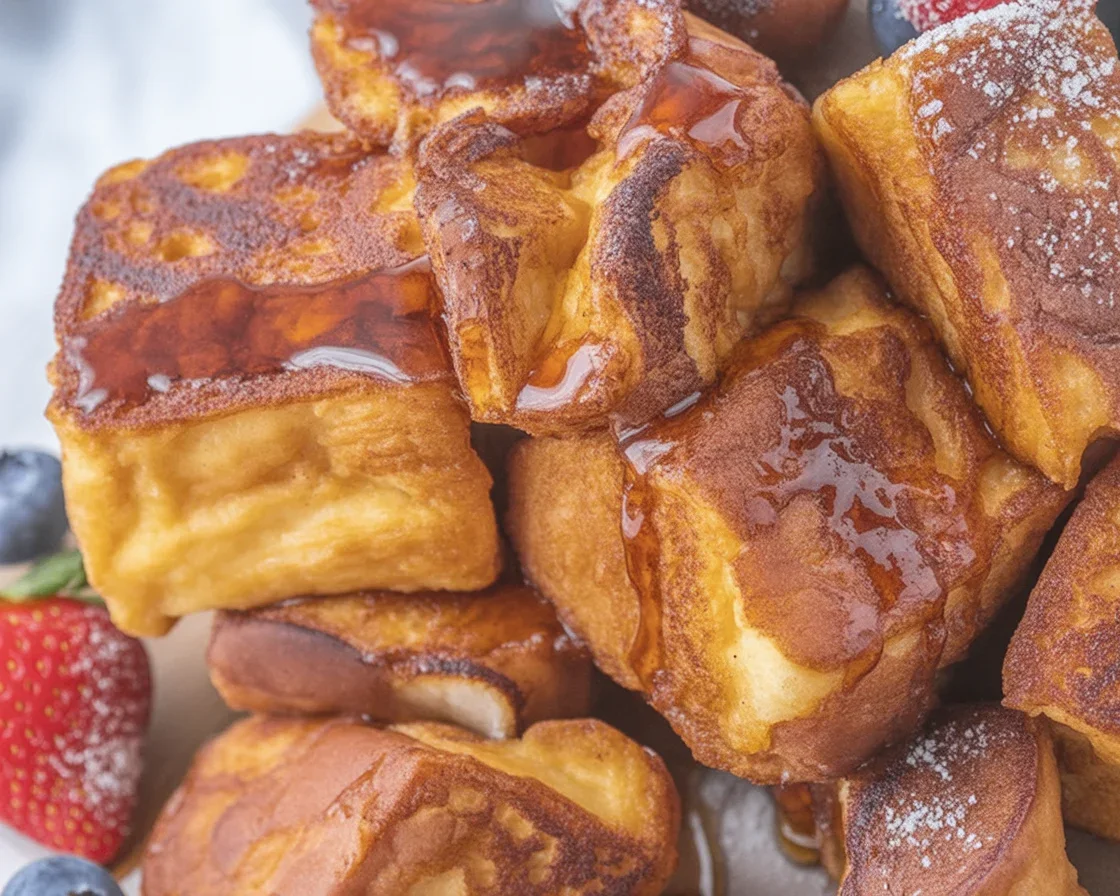 Delicious Hawaiian Roll French Toast topped with cinnamon sugar and syrup.