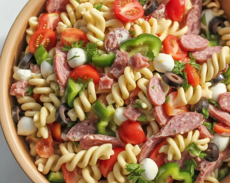 Bowl of Italian Pasta Salad with fresh vegetables and zesty dressing.