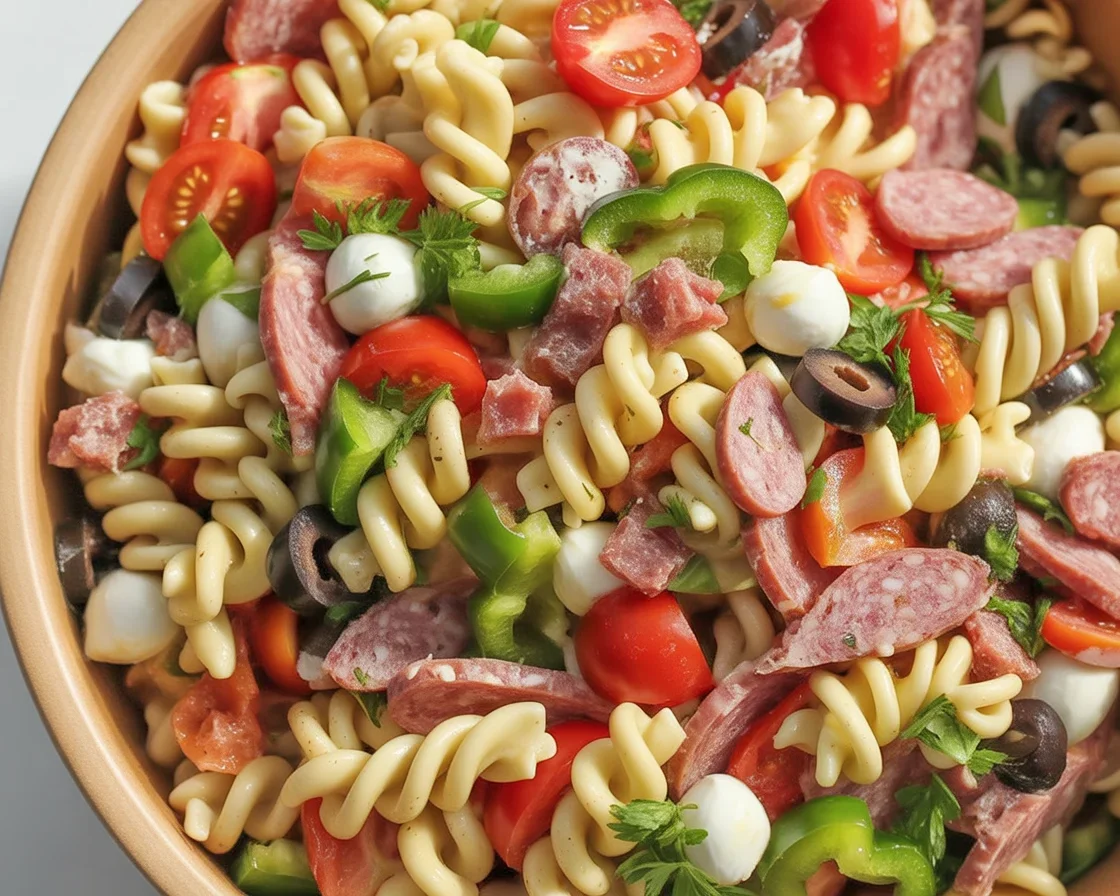 Bowl of Italian Pasta Salad with fresh vegetables and zesty dressing.