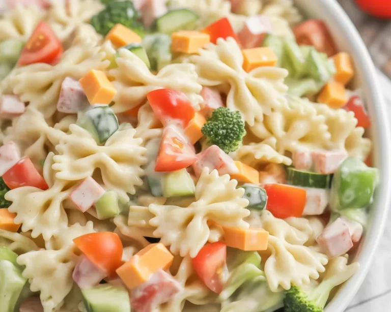 Turkey Club Pasta Salad with Ranch Twist featuring pasta, turkey, and ranch dressing.