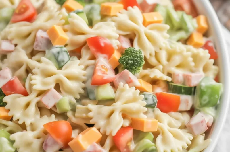 Turkey Club Pasta Salad with Ranch Twist featuring pasta, turkey, and ranch dressing.