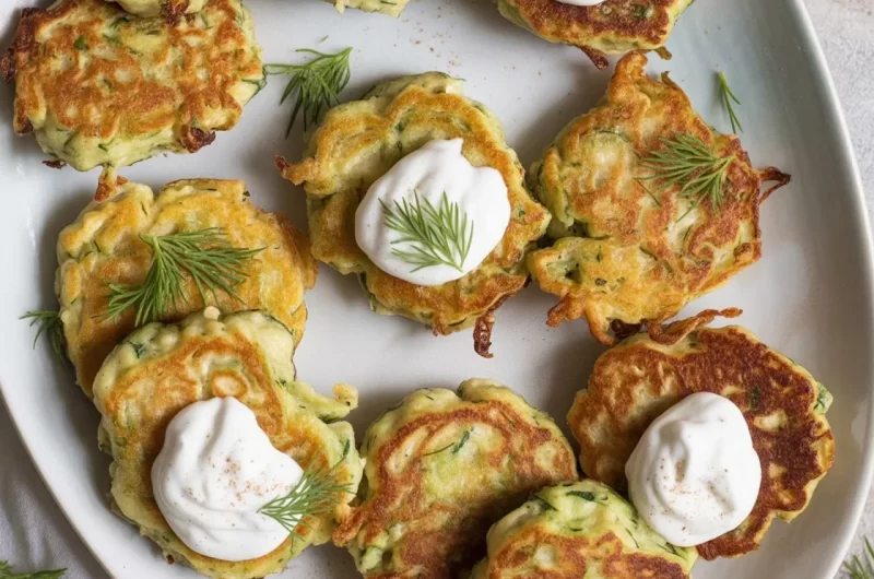 Zucchini Pancakes drizzled with Maple Yogurt Sauce on a white plate.