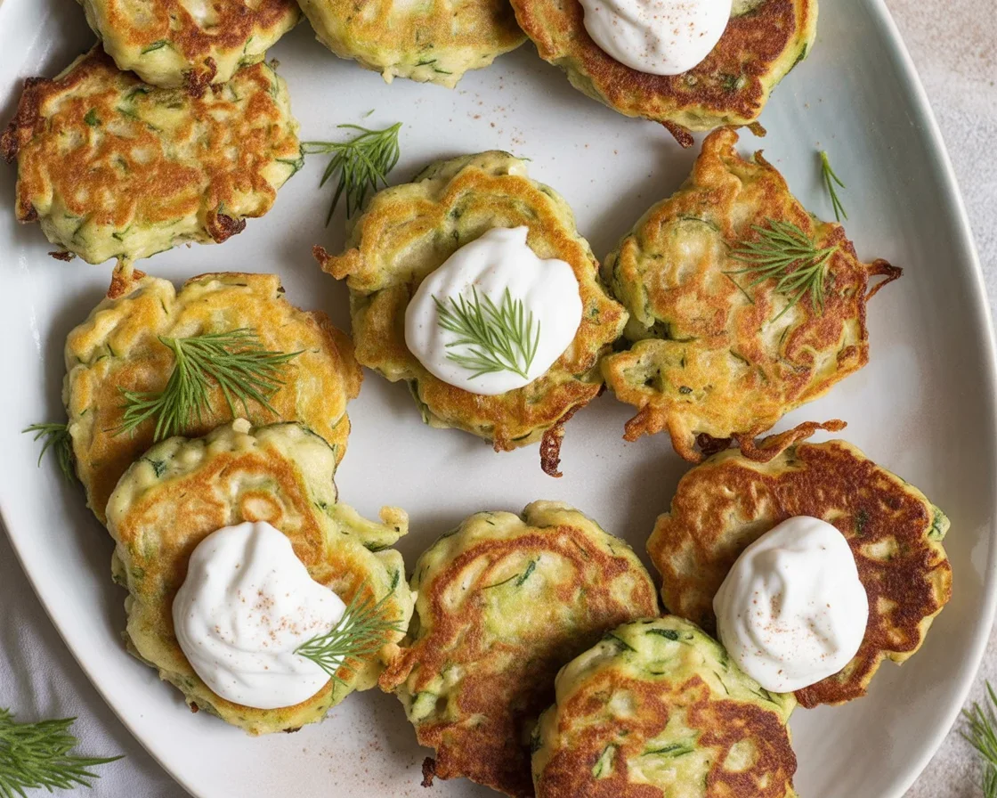Zucchini Pancakes drizzled with Maple Yogurt Sauce on a white plate.