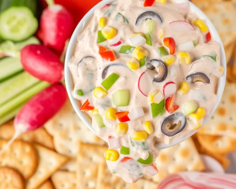 Skinny Poolside Dip served with fresh vegetables and chips for summer gatherings.
