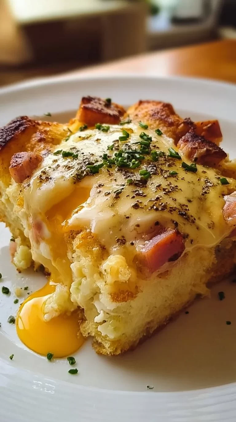 Delicious Eggs Benedict Casserole topped with hollandaise sauce and herbs