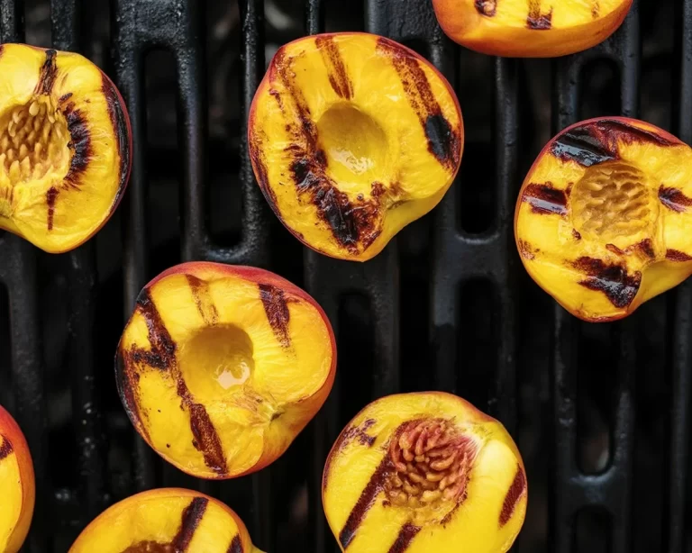 Grilled peaches with caramel and vanilla ice cream, a delicious summer dessert.