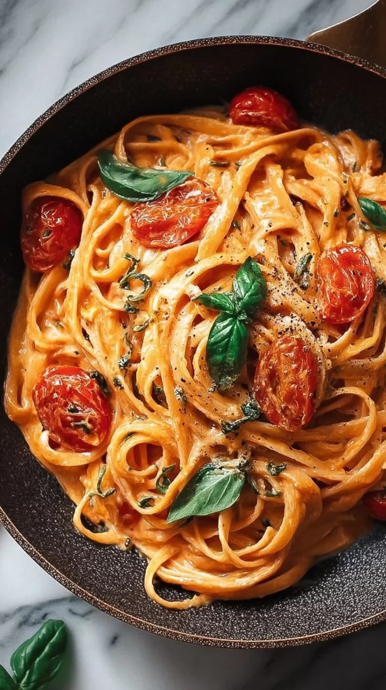Bowl of creamy tomato pasta made in one pot with fresh ingredients.