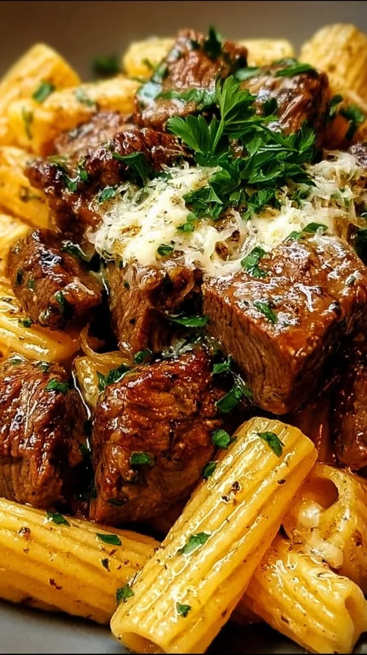 Garlic Butter Steak Tips served with creamy Cheesy Rigatoni