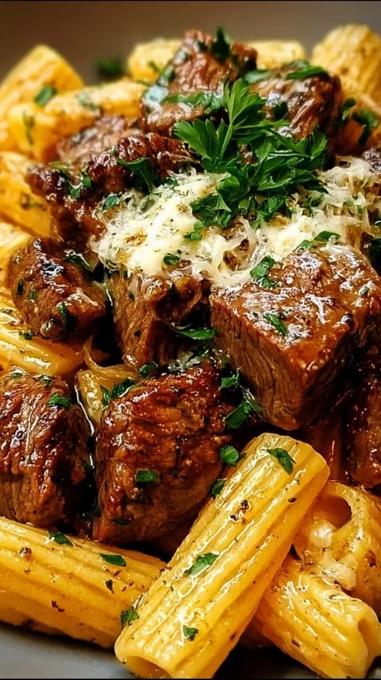 Garlic Butter Steak Tips served with creamy Cheesy Rigatoni