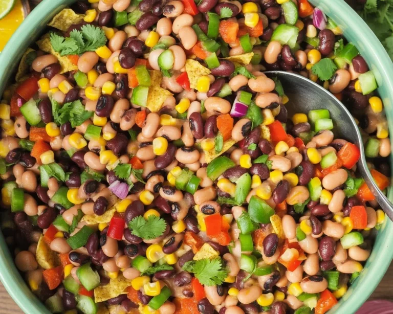 Colorful Cowboy Caviar dip made with black beans, corn, and peppers in zesty dressing.