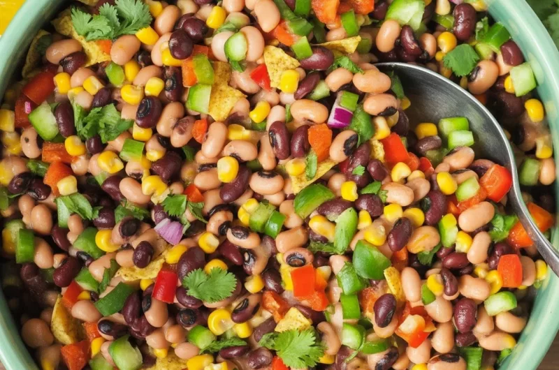 Colorful Cowboy Caviar dip made with black beans, corn, and peppers in zesty dressing.