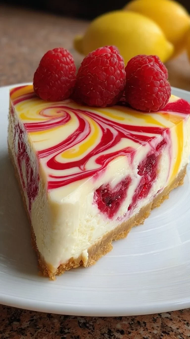Lemon Raspberry Swirl Cheesecake topped with fresh raspberries
