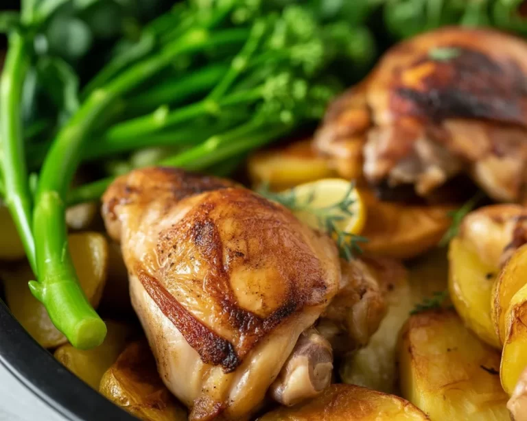 One-Pan Lemon Garlic Chicken with Potatoes served on a plate, highlighting the meal's vibrant ingredients.