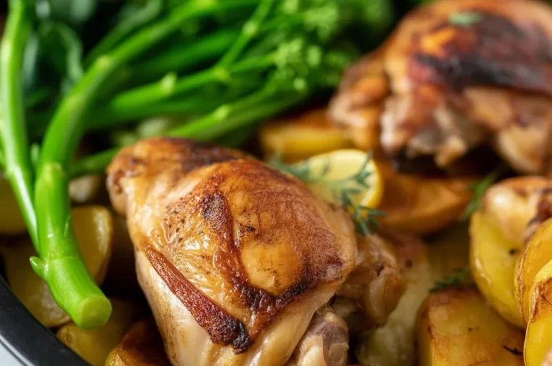 One-Pan Lemon Garlic Chicken with Potatoes served on a plate, highlighting the meal's vibrant ingredients.