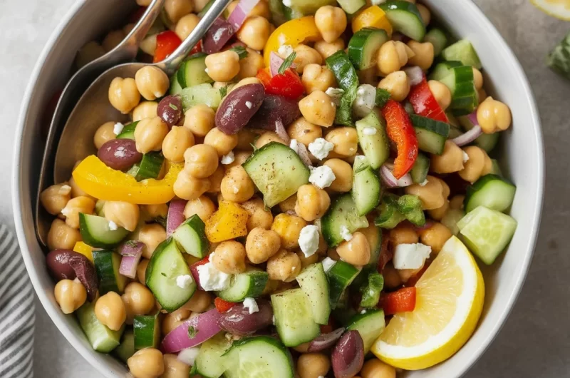 Mediterranean Chickpea Salad with cucumbers, tomatoes, and fresh herbs in a bowl.