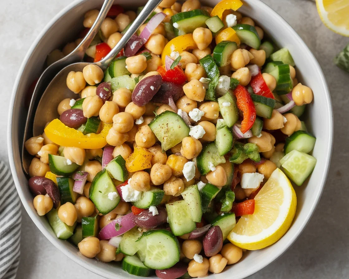 Mediterranean Chickpea Salad with cucumbers, tomatoes, and fresh herbs in a bowl.