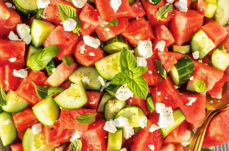 Fresh watermelon salad with feta, cucumber, and mint on a platter.
