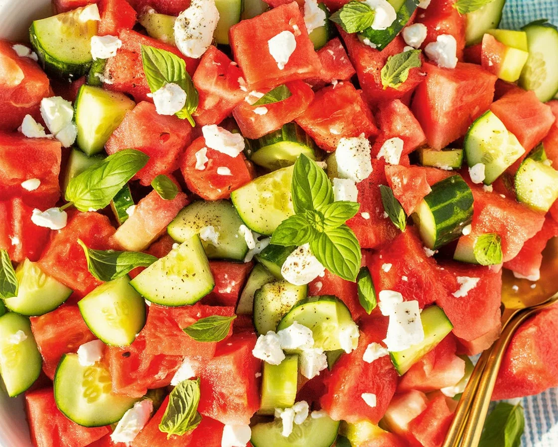 Fresh watermelon salad with feta, cucumber, and mint on a platter.