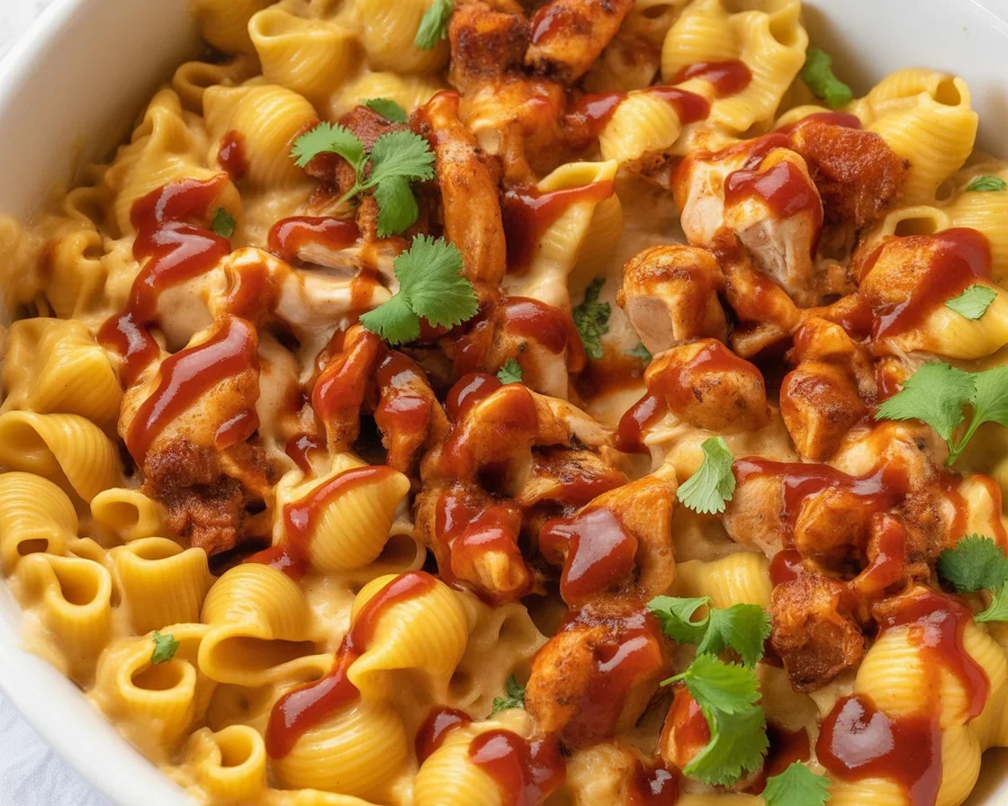 A delicious bowl of BBQ Chicken Mac and Cheese topped with melted cheese and BBQ sauce.