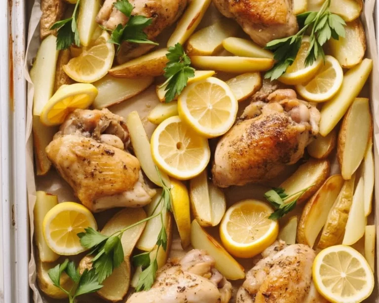 One-Pan Lemon Garlic Chicken with Potatoes served on a plate with lemon slices