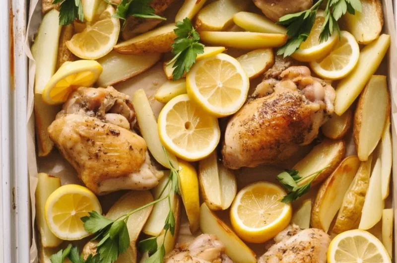 One-Pan Lemon Garlic Chicken with Potatoes served on a plate with lemon slices