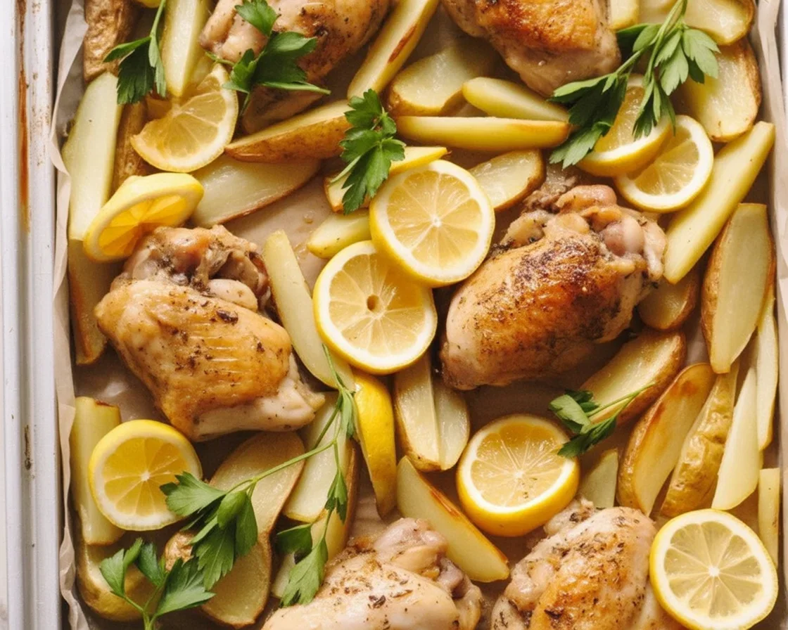 One-Pan Lemon Garlic Chicken with Potatoes served on a plate with lemon slices