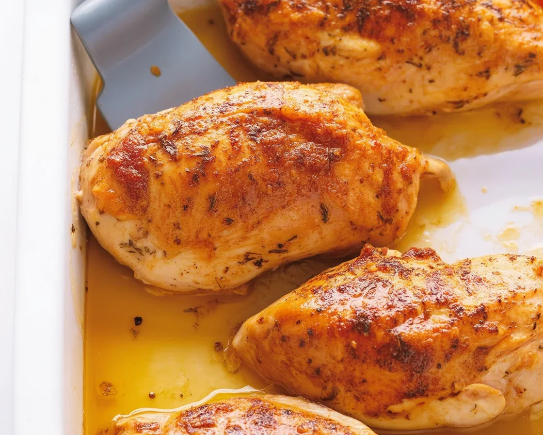 Oven roasted chicken breast served on a plate with herbs and spices.