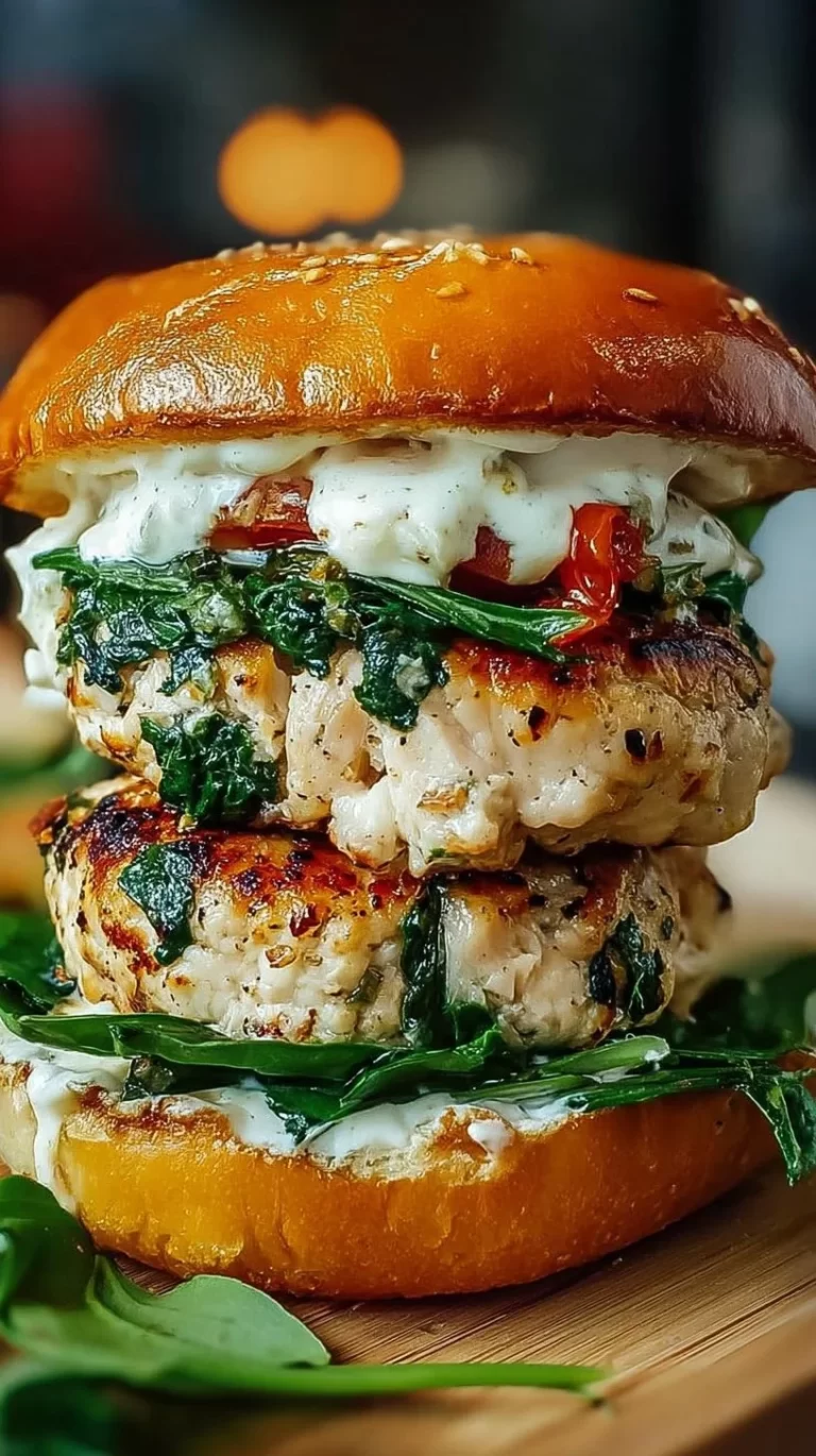 White cheddar and spinach chicken burgers on a wooden platter with garnish