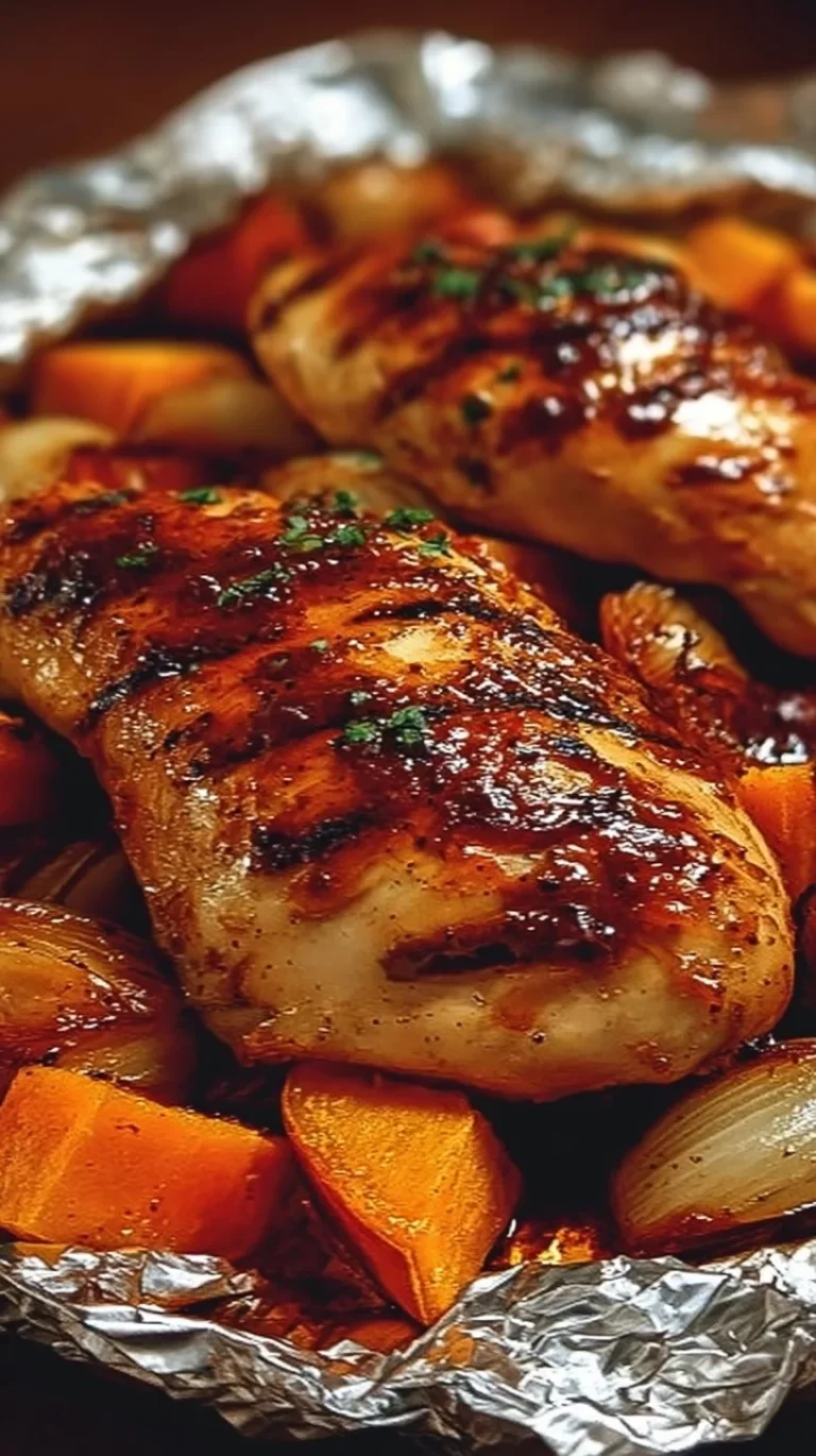 BBQ chicken and sweet potato foil packets on a grill.