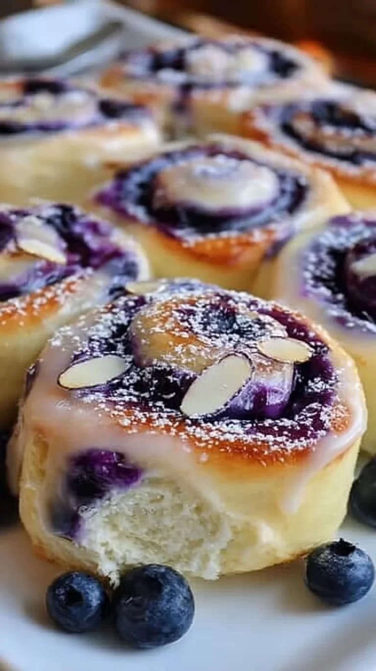 Delicious blueberry cheesecake heaven rolls topped with fresh blueberries.