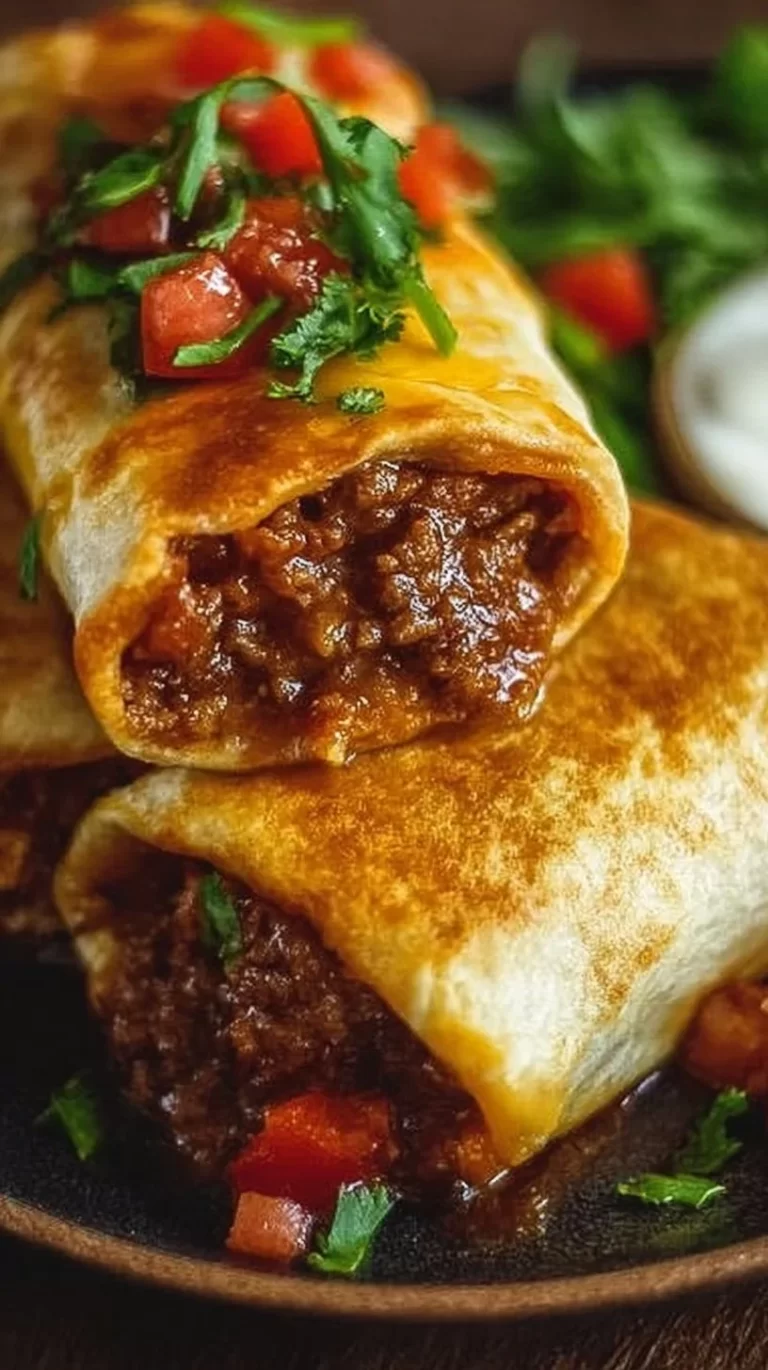 Delicious cheesy beef chimichangas topped with fresh ingredients.