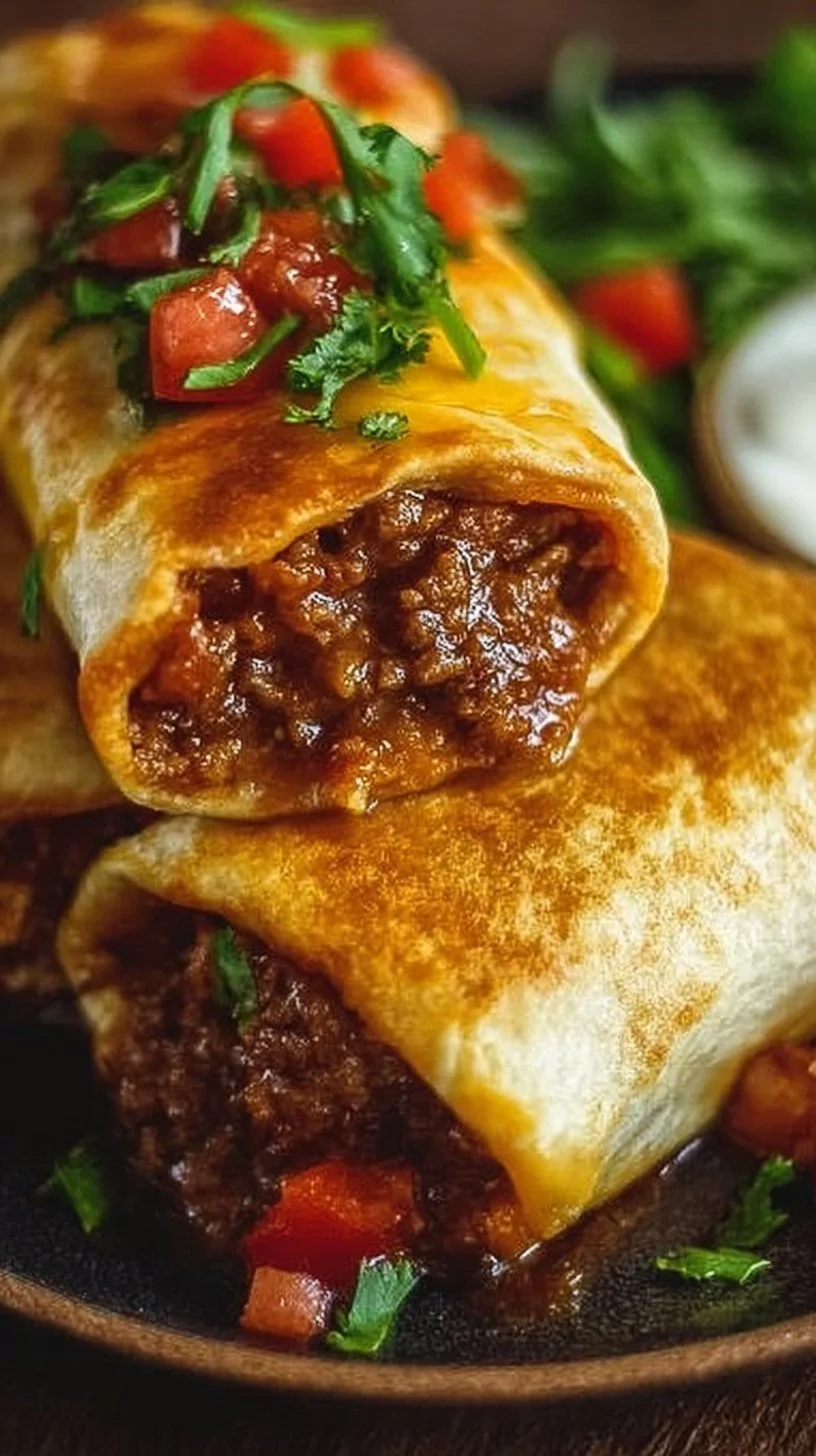Delicious cheesy beef chimichangas topped with fresh ingredients.