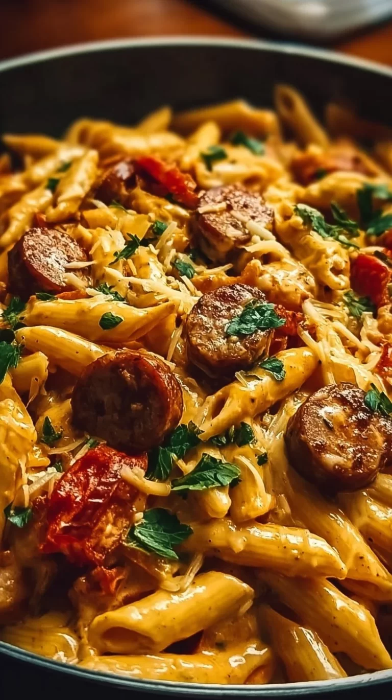 Creamy Cajun Sausage Pasta cooked in one pot, featuring sausage and spices.