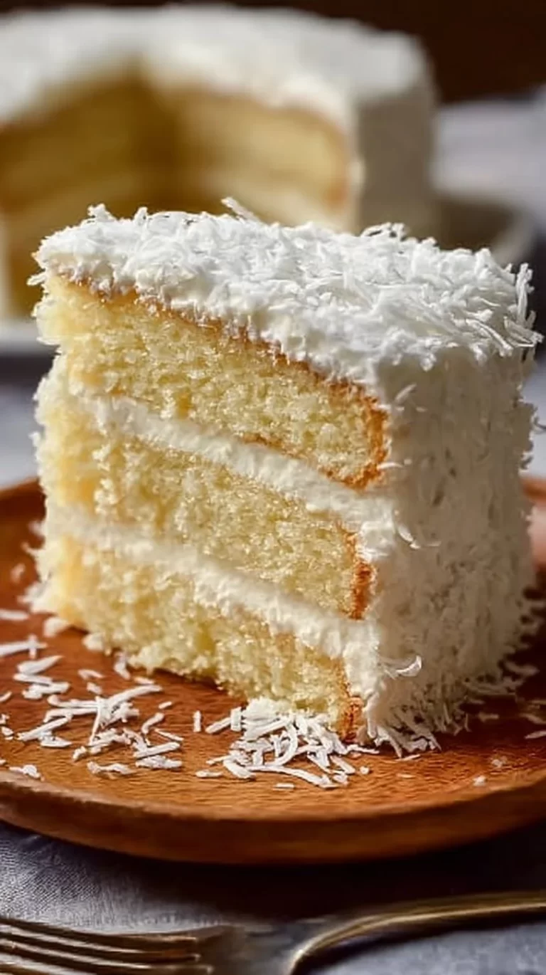 Creamy coconut cake topped with coconut flakes and frosting
