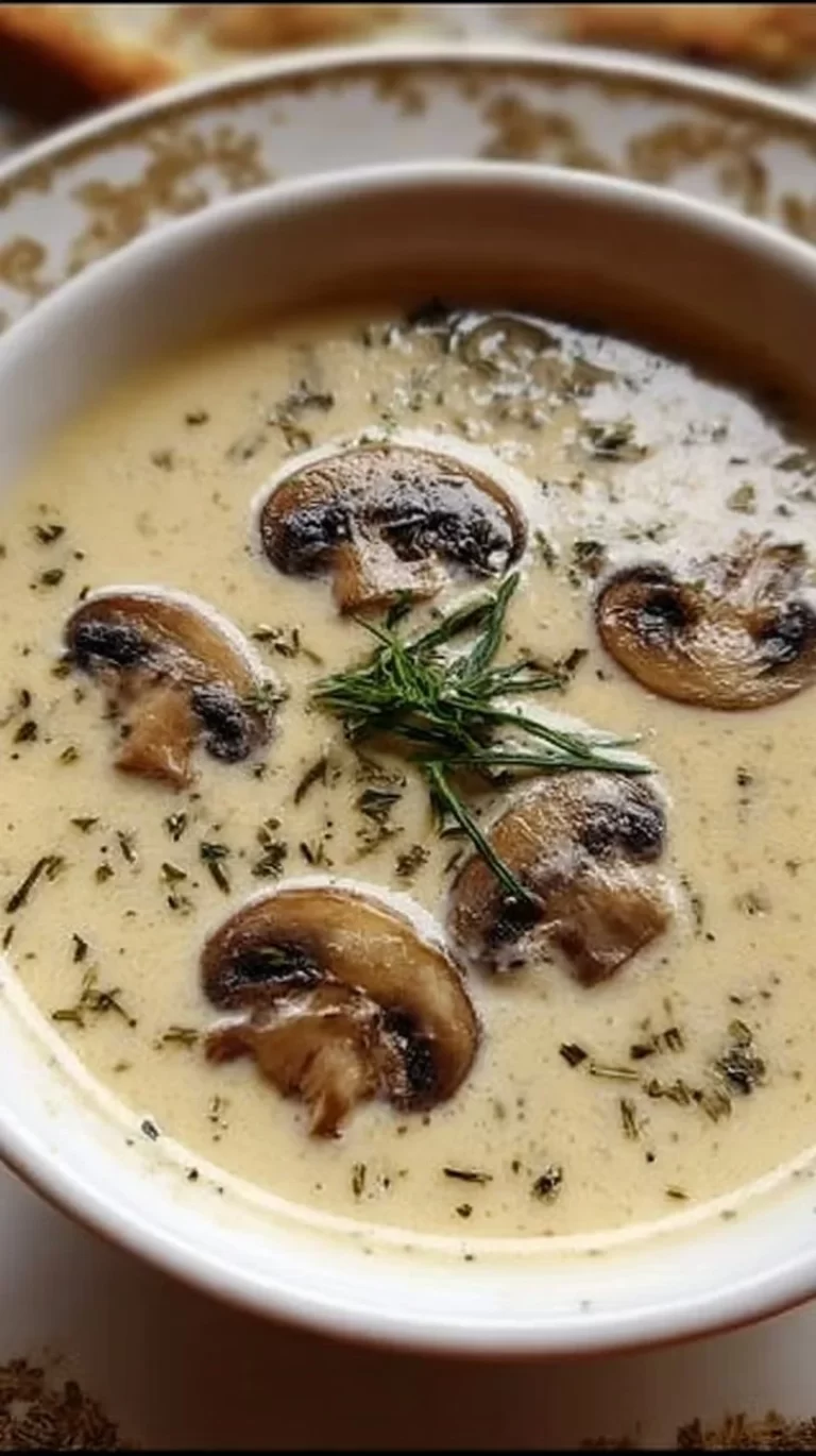 Bowl of creamy mushroom soup garnished with parsley and served with bread.