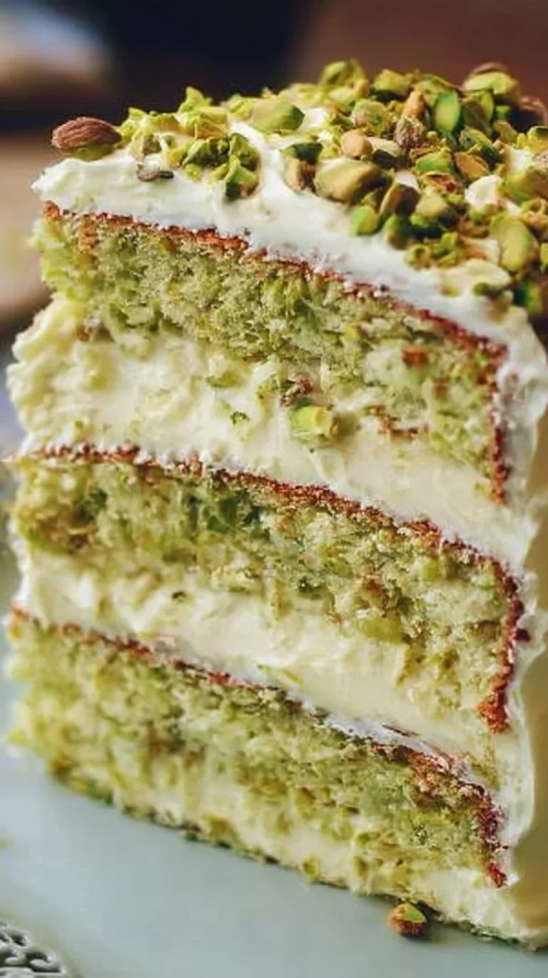 Creamy pistachio cake with rich frosting and pistachio nuts on top
