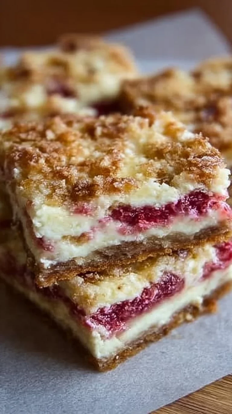 Delicious creamy rhubarb cream cheese bars on a plate with fresh rhubarb garnish.