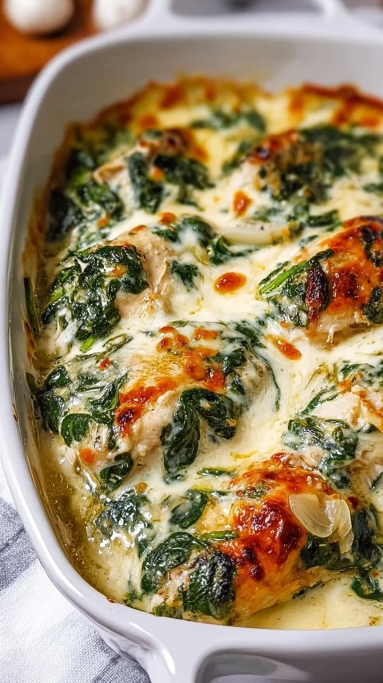 Creamy spinach chicken casserole topped with melted mozzarella cheese