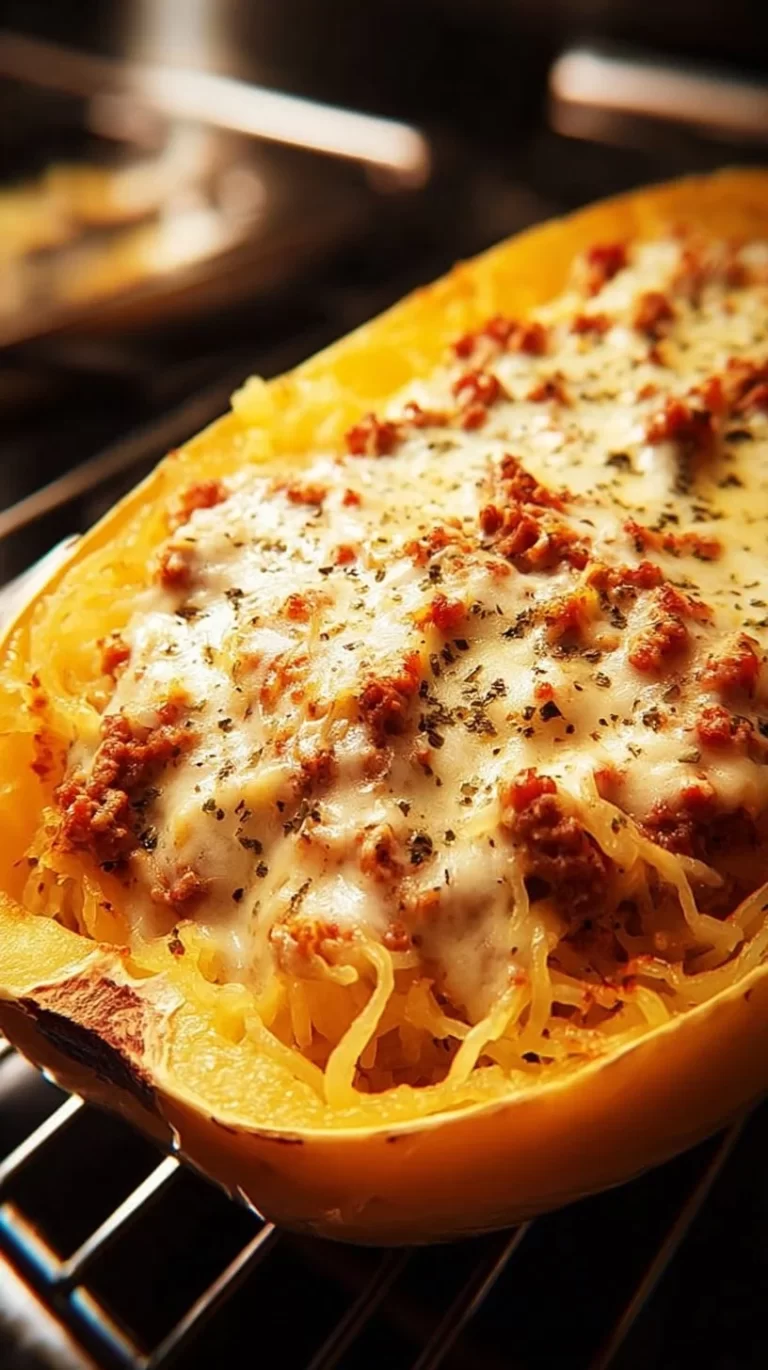 Decadent spaghetti squash pasta bake topped with melted cheese and herbs.