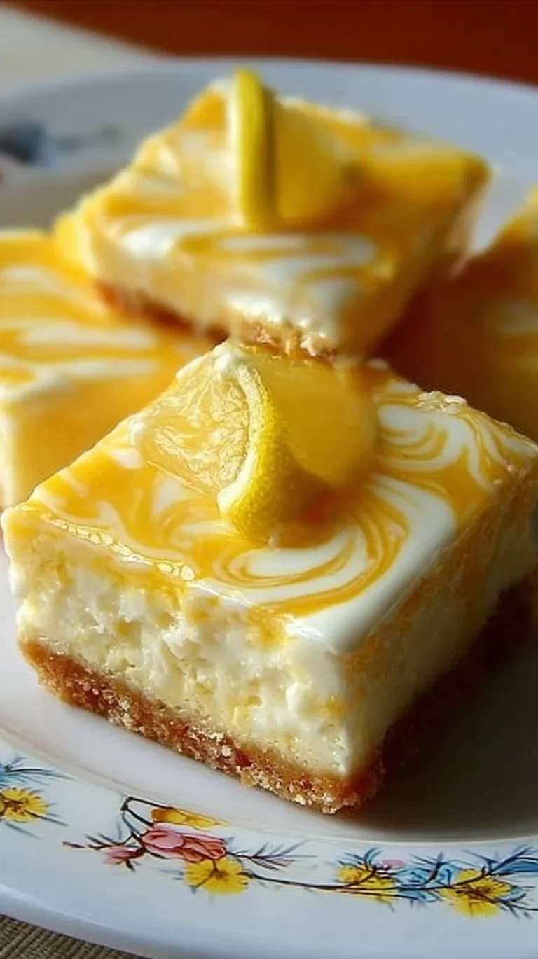 Elegant lemon marbled cheesecake bars slice with lemon garnish