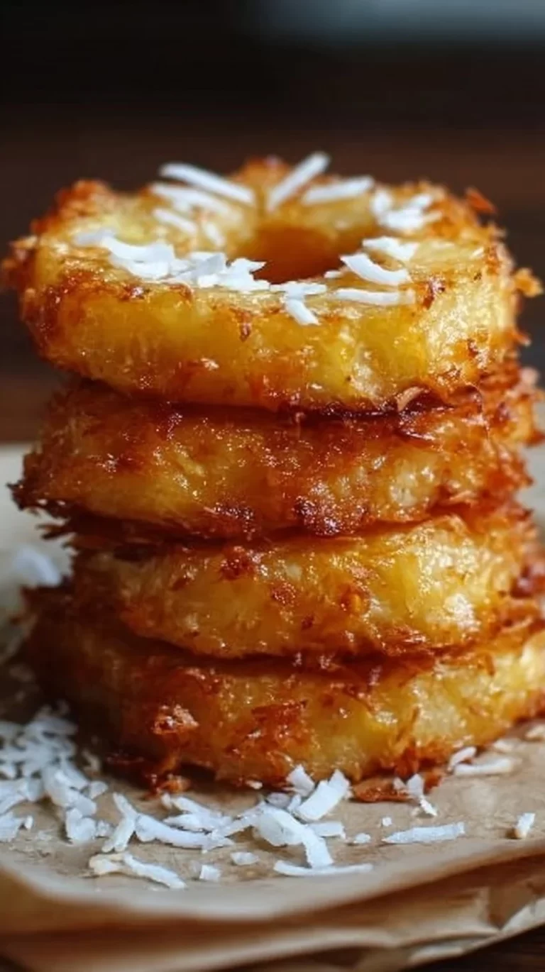 Delicious fried pineapple with a crispy coconut crust served on a plate