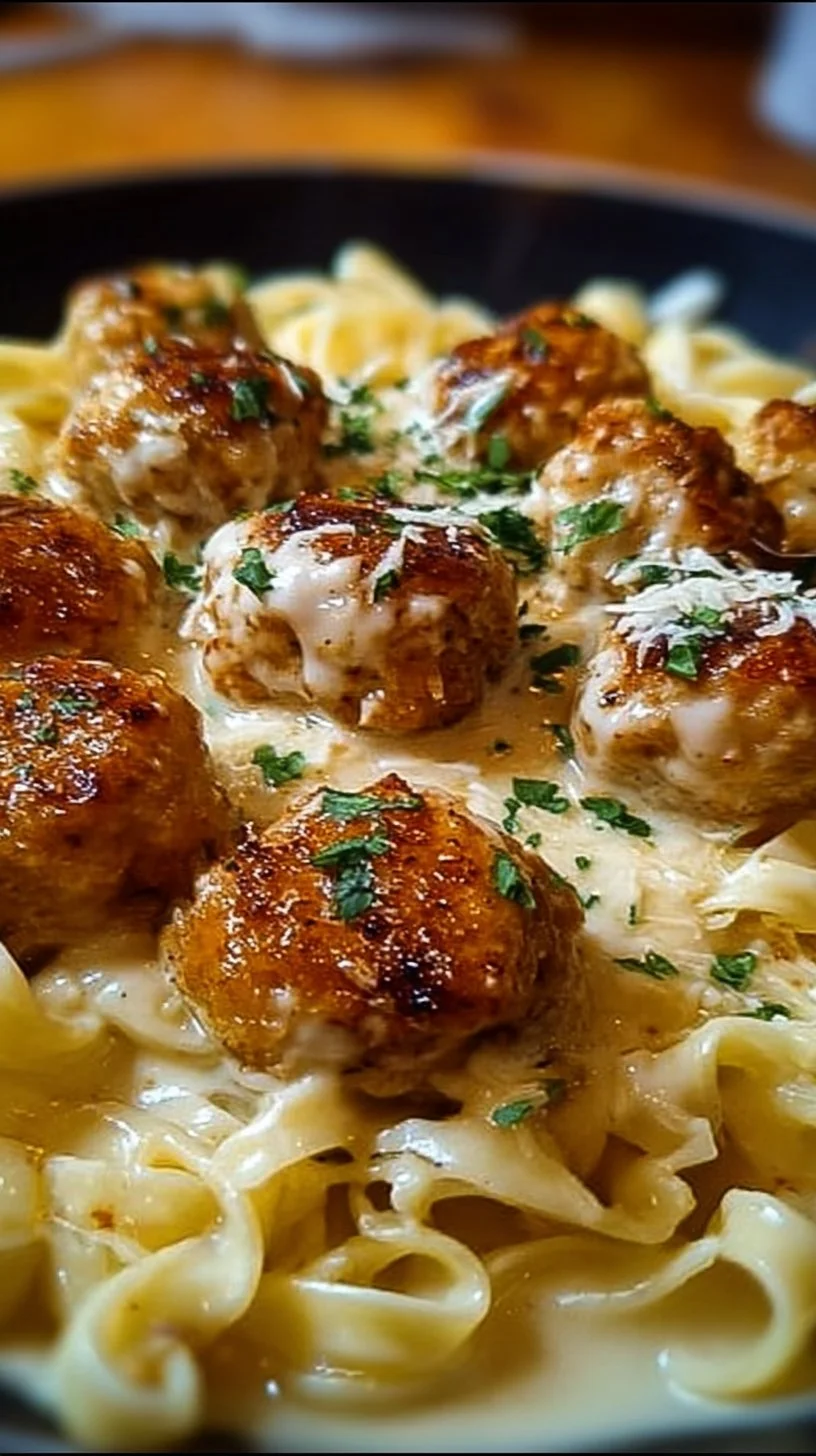 Garlic Butter Chicken Balls served with creamy Parmesan pasta on a plate.