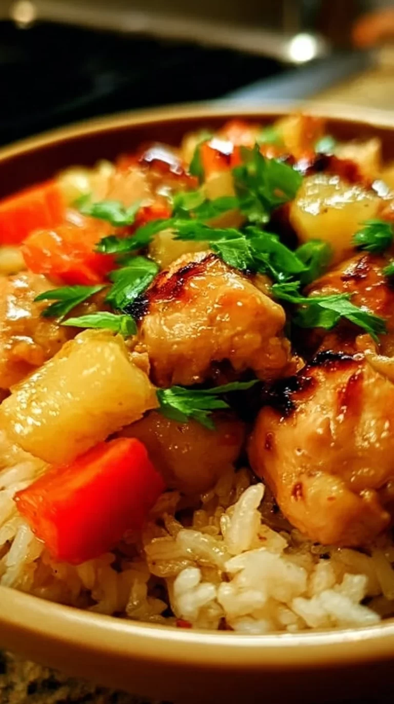 Hawaiian Pineapple Chicken served with rice and fresh pineapple slices.