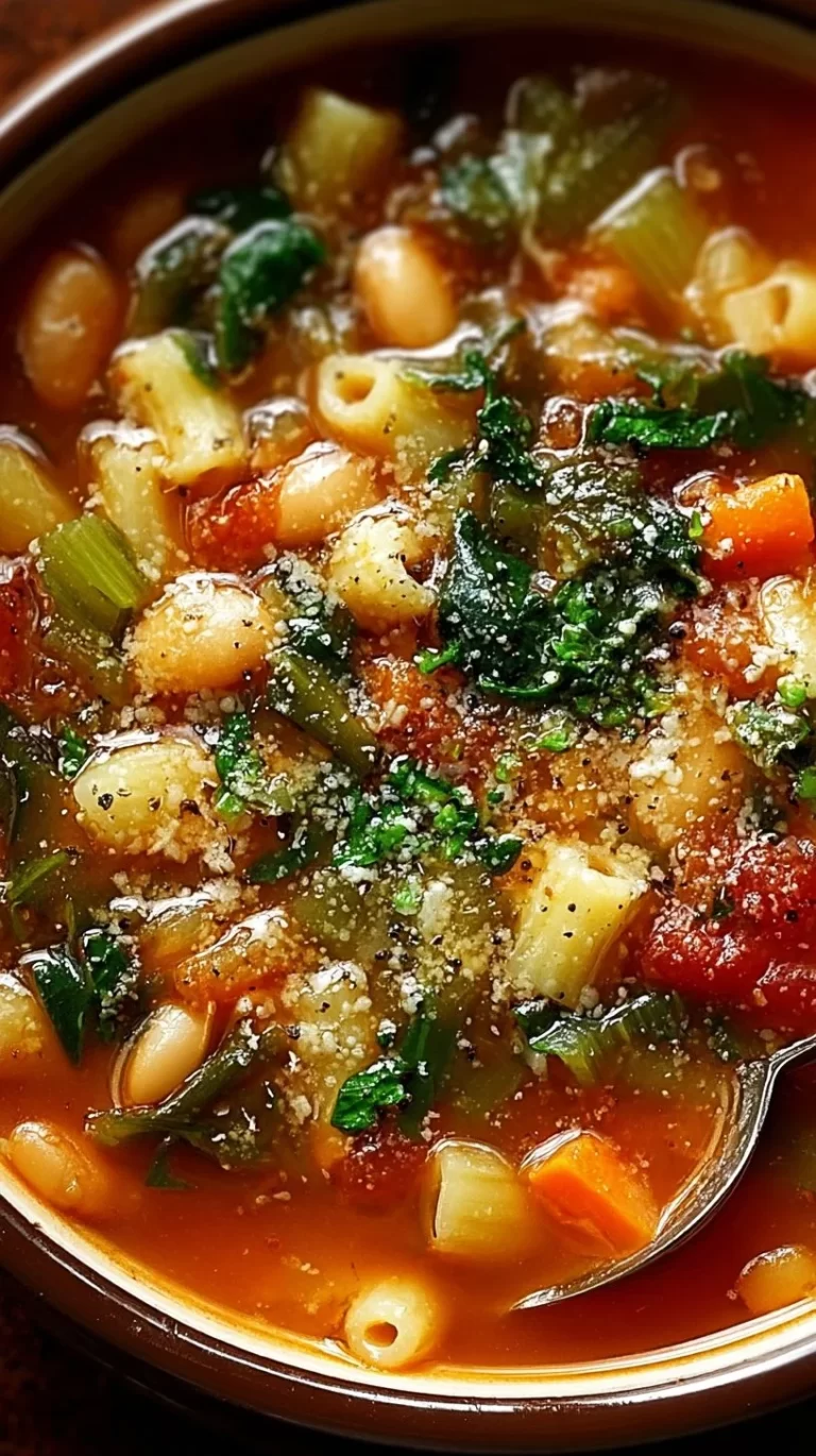 Bowl of hearty Italian minestrone soup with fresh vegetables and beans