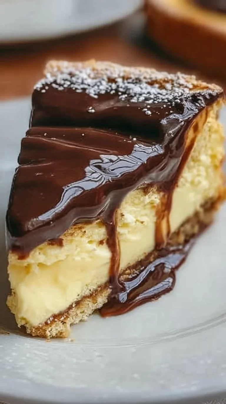 Slice of Heavenly Boston Cream Pie Cheesecake topped with chocolate and cream